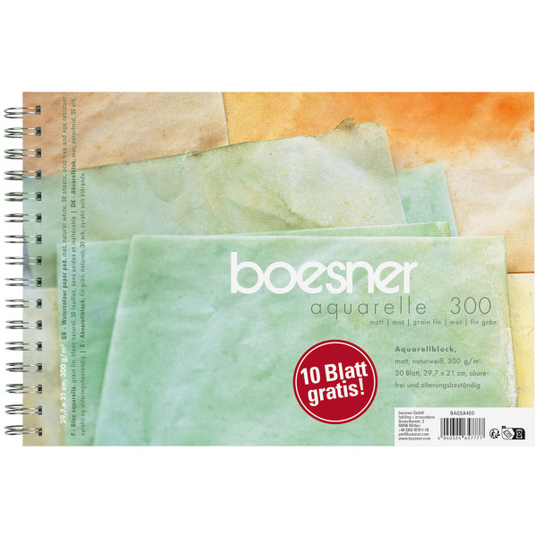 boesner – Aquarelle 300 Bloc aquarelle professionnel spiralé, DIN A4 avec 10 feuilles gratuites